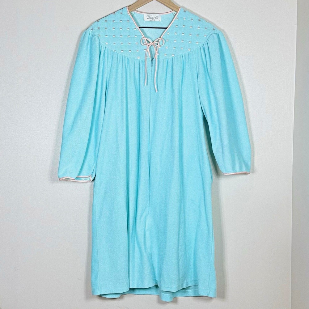 Vintage Vanity Fair Womens Housecoat Robe S Aqua Blue Pink Trim Zip USA Grandma